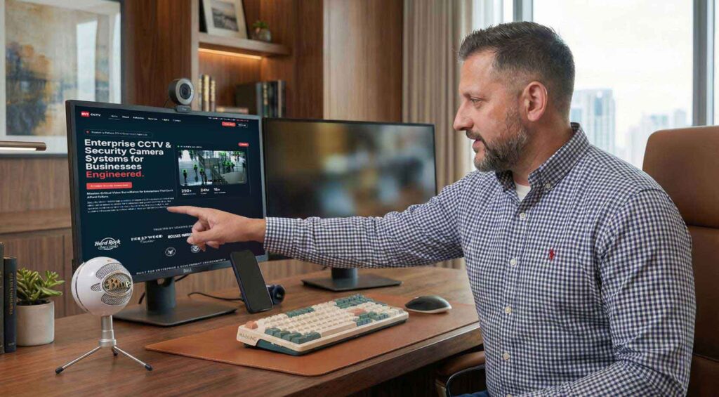BLCKOPS founder BJ Blackburn reviewing custom web design service features on a monitor, including custom layouts, SEO optimization, and performance strategy for Savannah businesses.